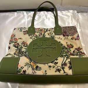 Tory Burch Green and Cream Botanical Tote